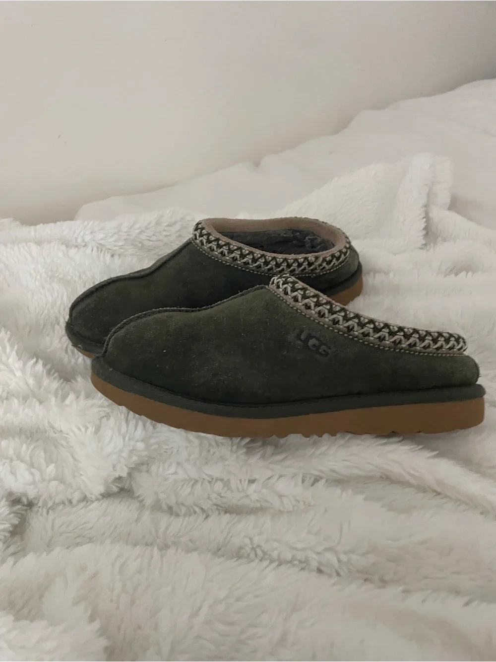 UGG Kids Olive Green Suede Slip-On Clog with Braided Trim